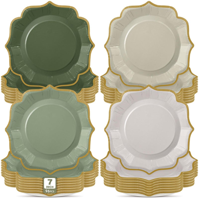 Potchen 96 Pcs Sage Green Dessert Plates 7 Inch Gradient Green Scalloped Disposable party Paper Plate for Summer Wedding Birthday Baby Shower Party Supplies  4 Colors - Image 1