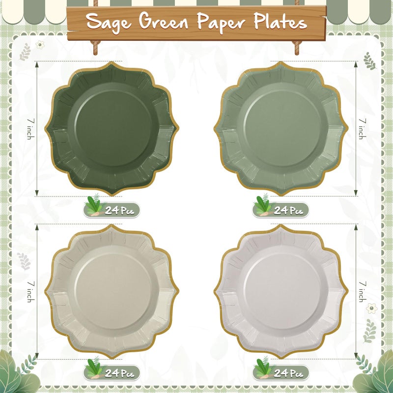 Potchen 96 Pcs Sage Green Dessert Plates 7 Inch Gradient Green Scalloped Disposable party Paper Plate for Summer Wedding Birthday Baby Shower Party Supplies  4 Colors - Image 3