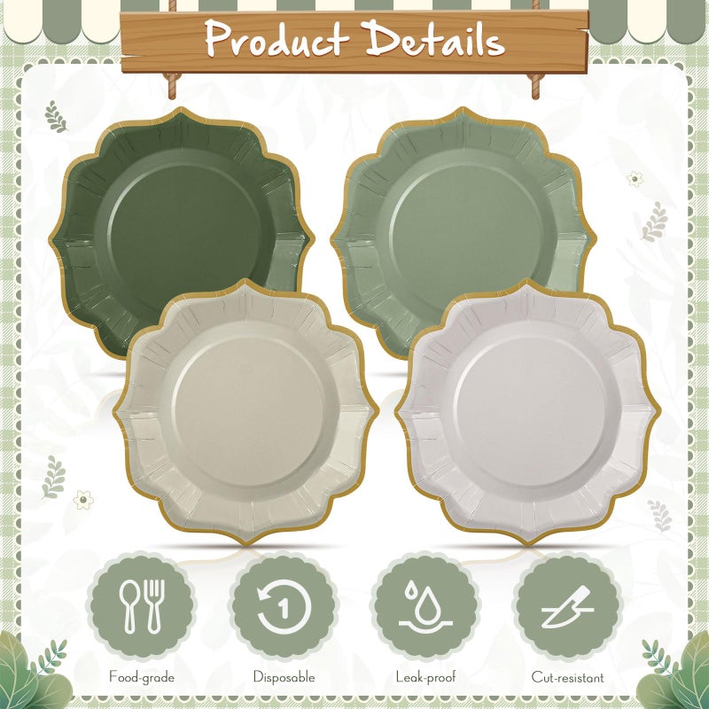 Potchen 96 Pcs Sage Green Dessert Plates 7 Inch Gradient Green Scalloped Disposable party Paper Plate for Summer Wedding Birthday Baby Shower Party Supplies  4 Colors - Image 5