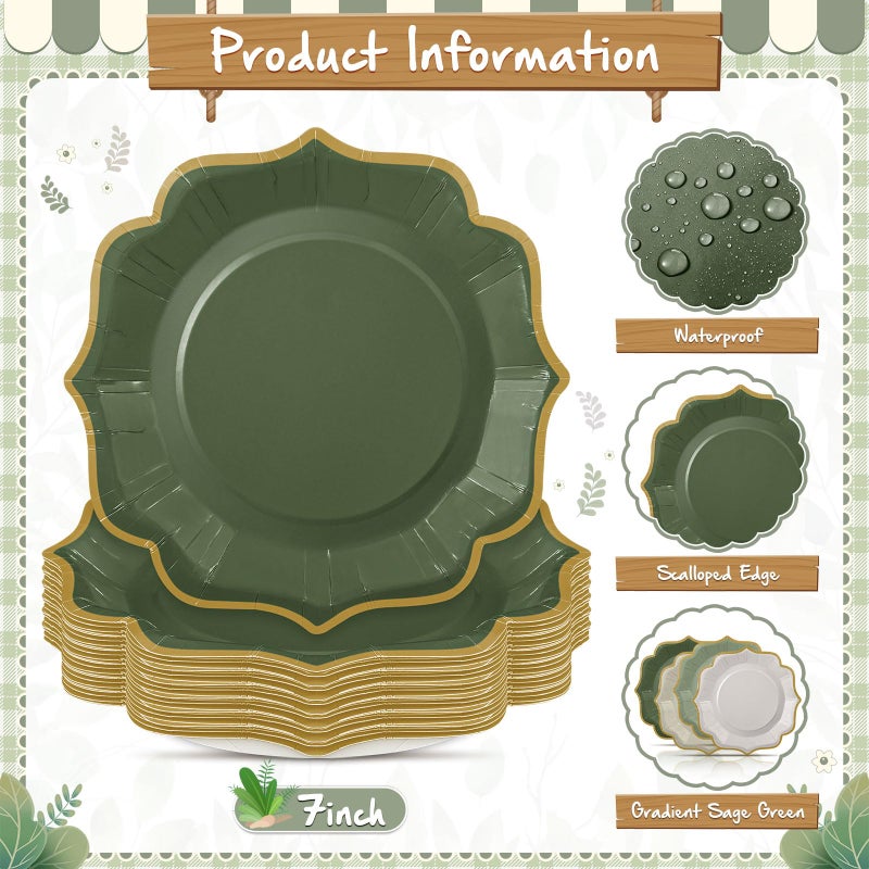Potchen 96 Pcs Sage Green Dessert Plates 7 Inch Gradient Green Scalloped Disposable party Paper Plate for Summer Wedding Birthday Baby Shower Party Supplies  4 Colors - Image 4