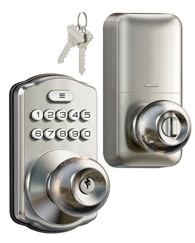 Veise Keypad Door Knob Lock, Keyless Entry Digital Lock with Handle, Electronic Knob for Front Door & Bedroom, Easy Installation, Auto-Locking, Passage Mode, Satin Nickel - Image 1