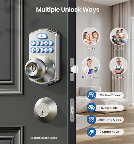 Veise Keypad Door Knob Lock, Keyless Entry Digital Lock with Handle, Electronic Knob for Front Door & Bedroom, Easy Installation, Auto-Locking, Passage Mode, Satin Nickel - Image 2