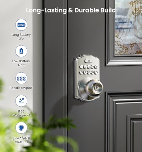 Veise Keypad Door Knob Lock, Keyless Entry Digital Lock with Handle, Electronic Knob for Front Door & Bedroom, Easy Installation, Auto-Locking, Passage Mode, Satin Nickel - Image 5