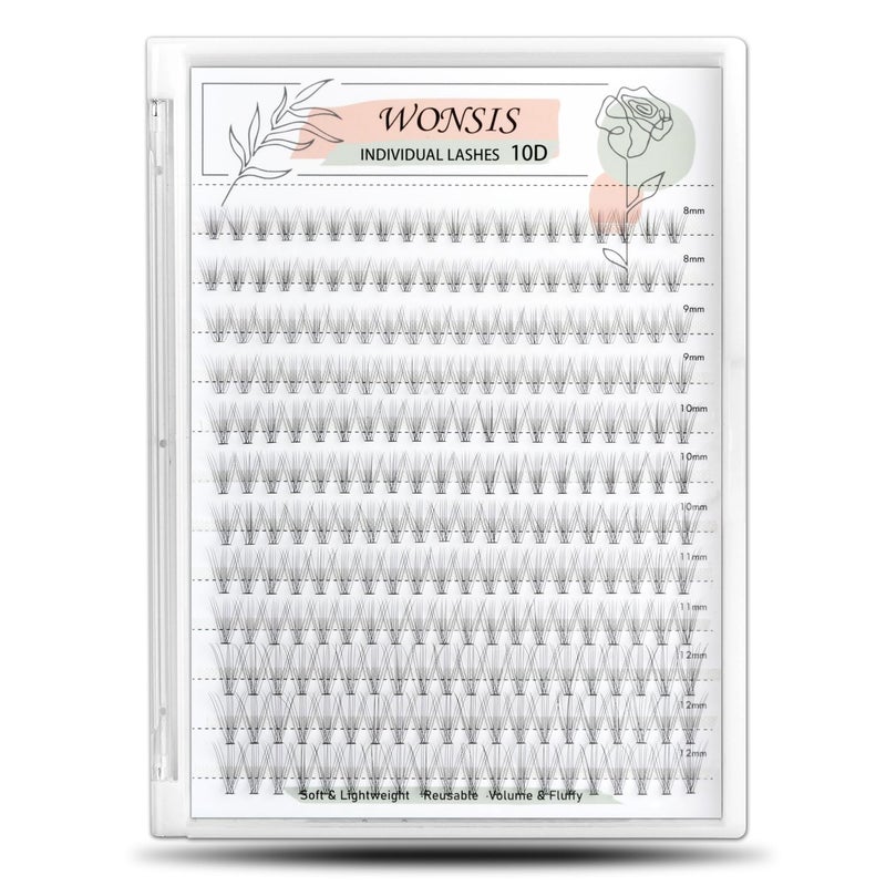 WONSIS Individual Lashes, Lash Clusters, 240 Pcs 10D Individual Lash Extensions, Natural Soft Lightweight Reusable, Thickness 0.07mm C Curl False Eyelashes 8/9/10/11/12mm (10D 8-12mm) - Image 1