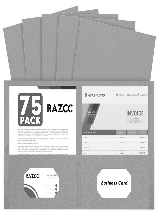 RAZCC Two Pocket Folders, RAZCC 75 Pack 2 Pocket Folders Fit Letter Size Paper, Paper Folders with Pockets for School Office Business Home, Grey - Image 1