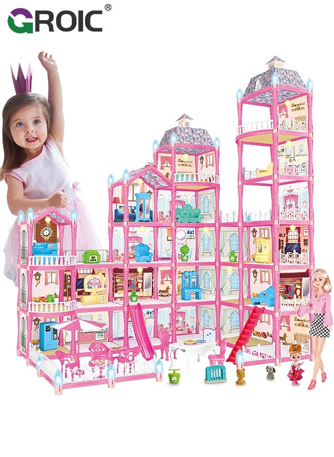 GROIC Dollhouse Doll House Toys, 6 Storeys 25 Rooms 2 Balcony, Large Dreamhouse Pretend Play Building Playset with 25 Rooms, Courtyard, Led Light & Slide, Dollhouse Asseccories and Furniture  - Image 1