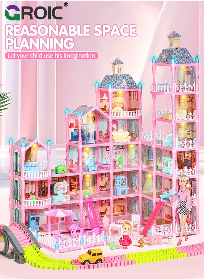 GROIC Dollhouse Doll House Toys, 6 Storeys 25 Rooms 2 Balcony, Large Dreamhouse Pretend Play Building Playset with 25 Rooms, Courtyard, Led Light & Slide, Dollhouse Asseccories and Furniture  - Image 2