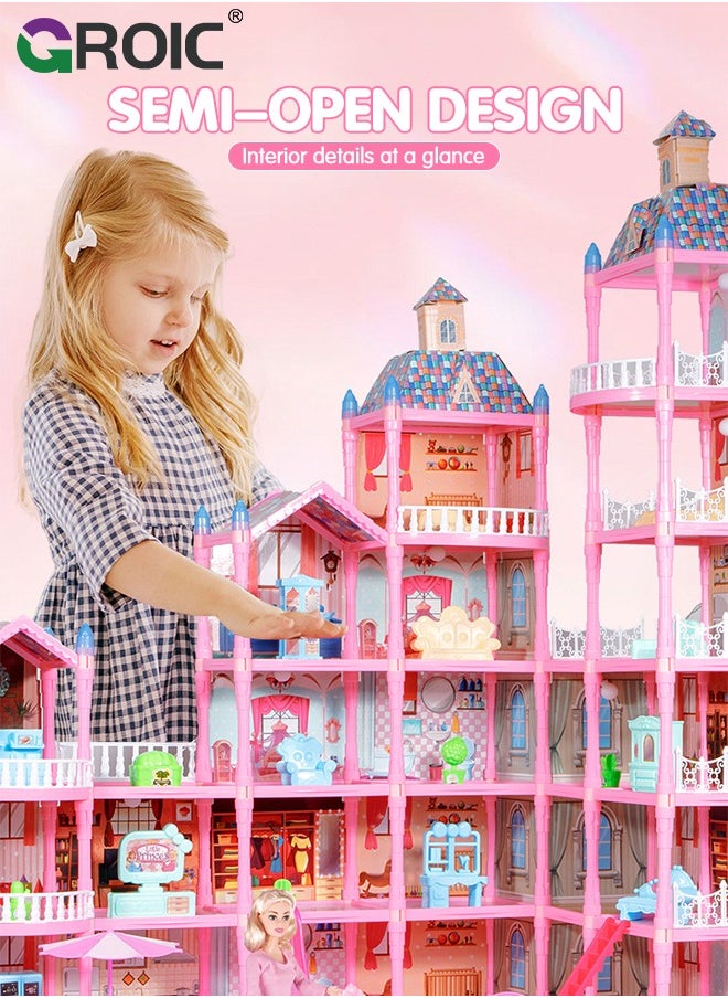 GROIC Dollhouse Doll House Toys, 6 Storeys 25 Rooms 2 Balcony, Large Dreamhouse Pretend Play Building Playset with 25 Rooms, Courtyard, Led Light & Slide, Dollhouse Asseccories and Furniture  - Image 3