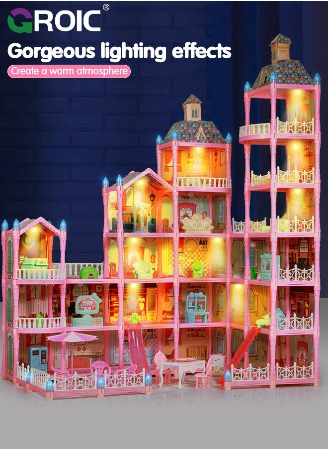 GROIC Dollhouse Doll House Toys, 6 Storeys 25 Rooms 2 Balcony, Large Dreamhouse Pretend Play Building Playset with 25 Rooms, Courtyard, Led Light & Slide, Dollhouse Asseccories and Furniture  - Image 4