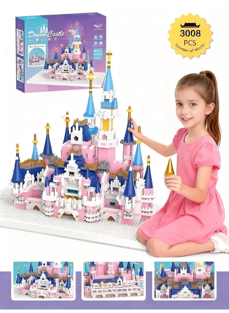 This 3008-piece pink princess castle building block set, a mini castle building block set, a miniature toy building block model kit, a parent-child interactive miniature dollhouse assembly model, and a cube toy set, is the perfect gift for children on holidays such as New Year, parties, and birthdays. - Image 1