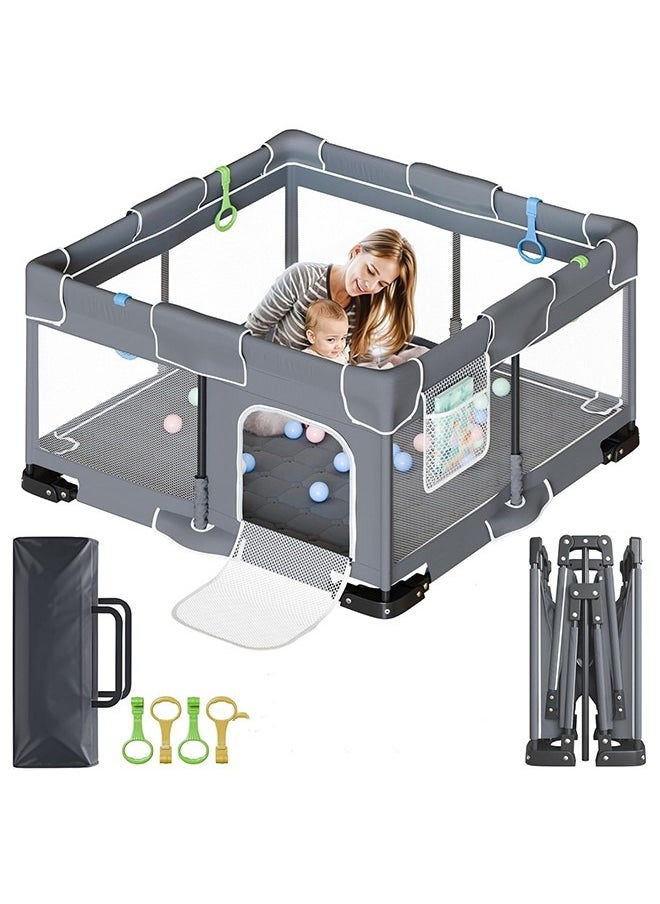 JCB CHIC حظيرة لعب للأطفال، 127×127 سم، حظائر لعب قابلة للطي للأطفال الصغار والرضع، حظيرة لعب كبيرة جدًا مع ساحة لعب باب لسياج الطفل وقلم لعب داخلي وخارجي، رمادي غامق  - Image 1