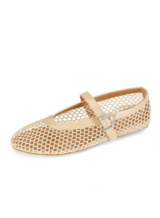MICIFA Women's Mesh Ballet Flats Fishnet Ballerina Flats Buckle Strap Mary Jane Flats Causal Daily Dress Shoes, Nude, 9 - Image 1