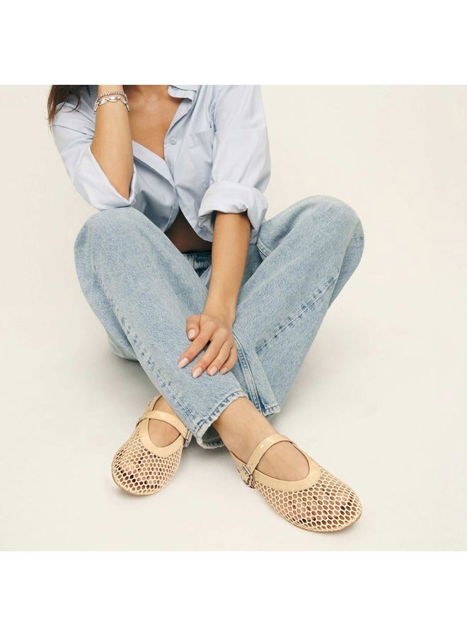 MICIFA Women's Mesh Ballet Flats Fishnet Ballerina Flats Buckle Strap Mary Jane Flats Causal Daily Dress Shoes, Nude, 9 - Image 2