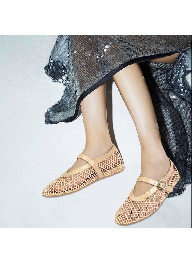 MICIFA Women's Mesh Ballet Flats Fishnet Ballerina Flats Buckle Strap Mary Jane Flats Causal Daily Dress Shoes, Nude, 9 - Image 4