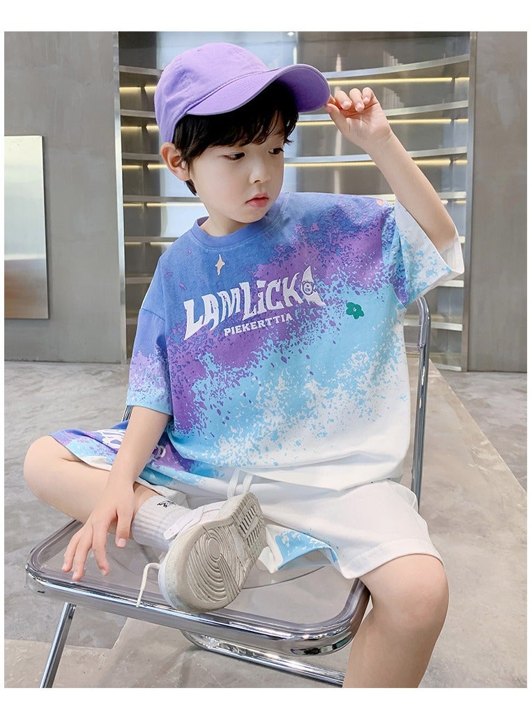Cool Boy Fashion Print Sports Short Sleeved Shorts Set Suitable For Ages 4-15  - Image 2