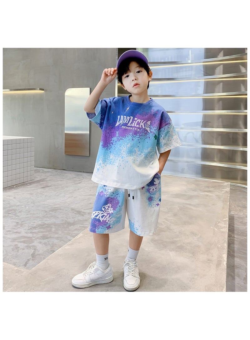 Cool Boy Fashion Print Sports Short Sleeved Shorts Set Suitable For Ages 4-15  - Image 1