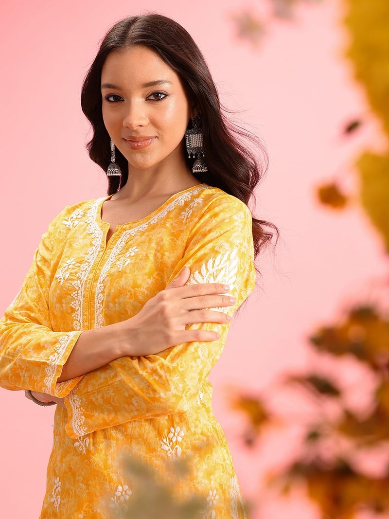 Ada Hand Embroidered Lucknowi Chikankari Cotton Kurta Kurti for Women A411379 (XS, Yellow) - Image 5