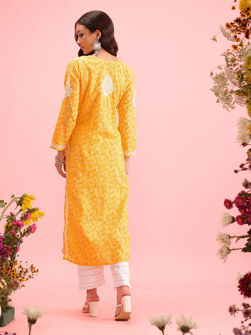 Ada Hand Embroidered Lucknowi Chikankari Cotton Kurta Kurti for Women A411379 (XS, Yellow) - Image 2