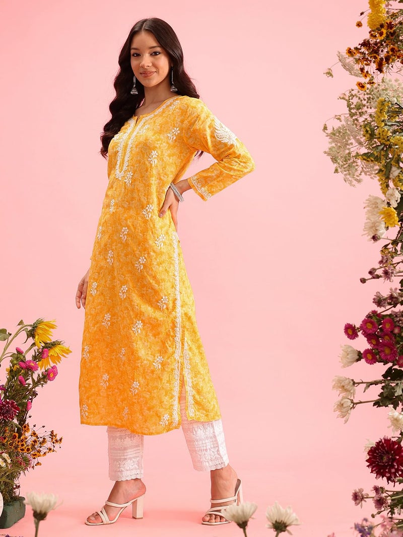 Ada Hand Embroidered Lucknowi Chikankari Cotton Kurta Kurti for Women A411379 (XS, Yellow) - Image 4