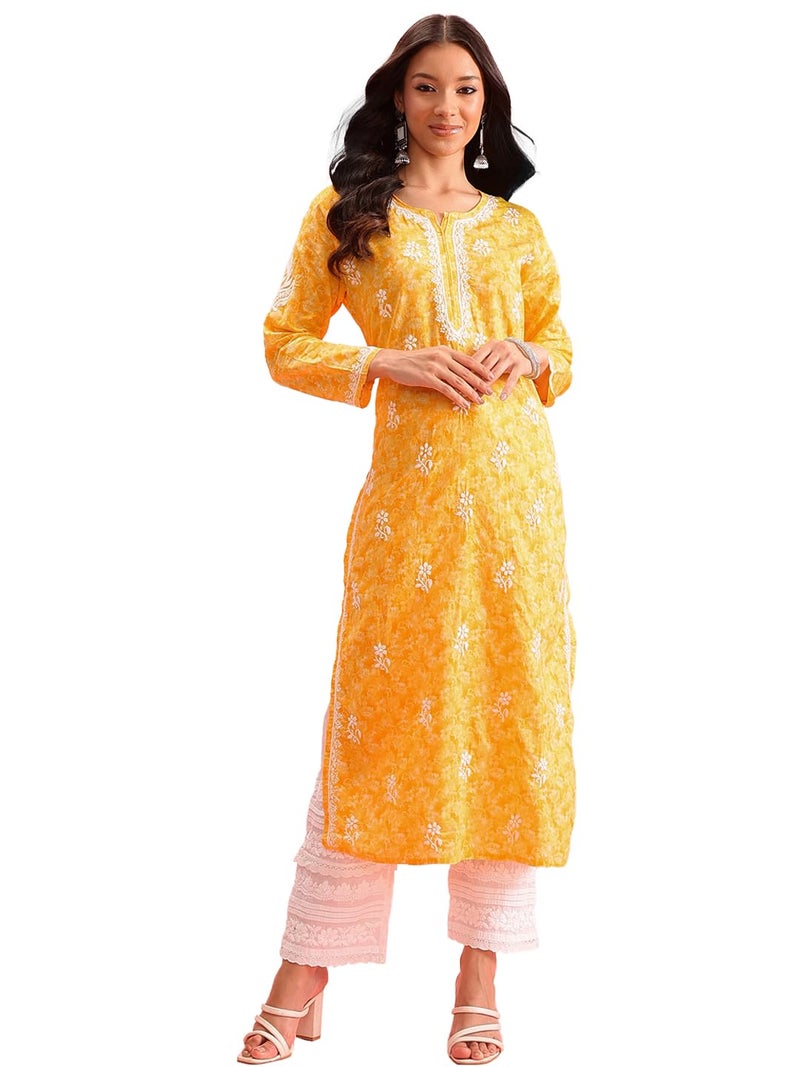 Ada Hand Embroidered Lucknowi Chikankari Cotton Kurta Kurti for Women A411379 (XS, Yellow) - Image 1