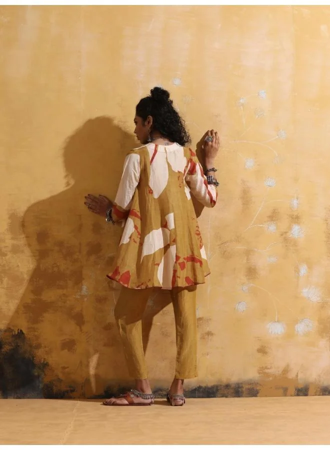 ترو برونز trueBrowns Mustard Rust Red Floral Print Muslin Silk Flared Co-ord Set
