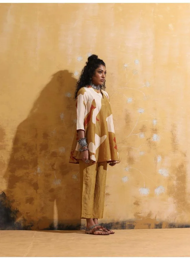 ترو برونز trueBrowns Mustard Rust Red Floral Print Muslin Silk Flared Co-ord Set