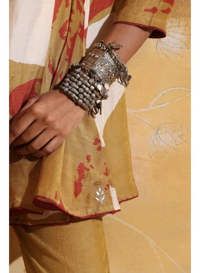 ترو برونز trueBrowns Mustard Rust Red Floral Print Muslin Silk Flared Co-ord Set