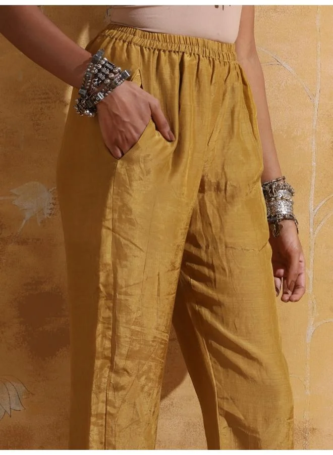 ترو برونز trueBrowns Mustard Rust Red Floral Print Muslin Silk Flared Co-ord Set
