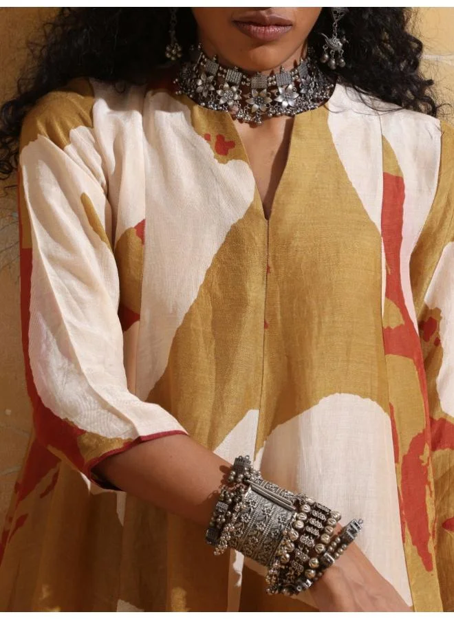 ترو برونز trueBrowns Mustard Rust Red Floral Print Muslin Silk Flared Co-ord Set