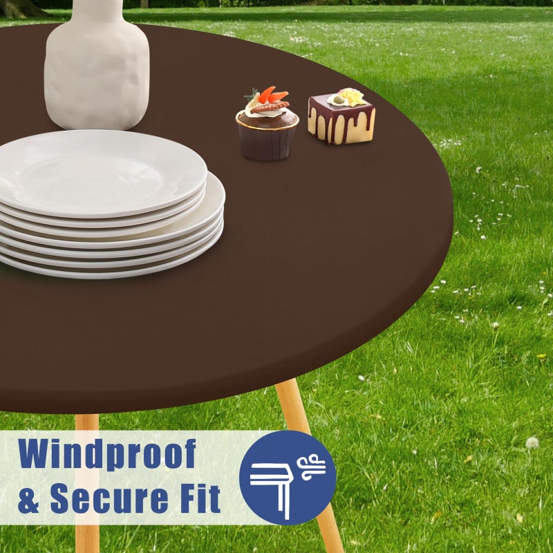 Moosfor Round Spandex Tablecloth, Elastic Fitted Waterproof Tablecloths for 36"-44" Tables, Stretch Washable Picnic Table Cover for Camping, Dining, Indoor and Outdoor, Coffee - Image 3