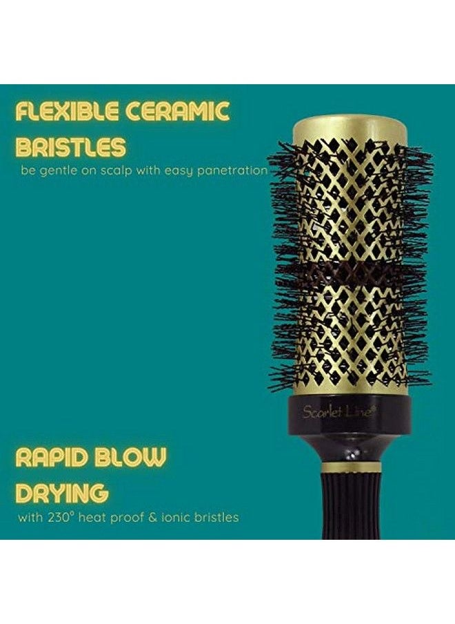 Scarlet Line - Professional Large Ceramic Barrel Heat Reminder Hot Curling Round Hair Brush For Men And Women Black and Golden Color 44 mm - Image 1