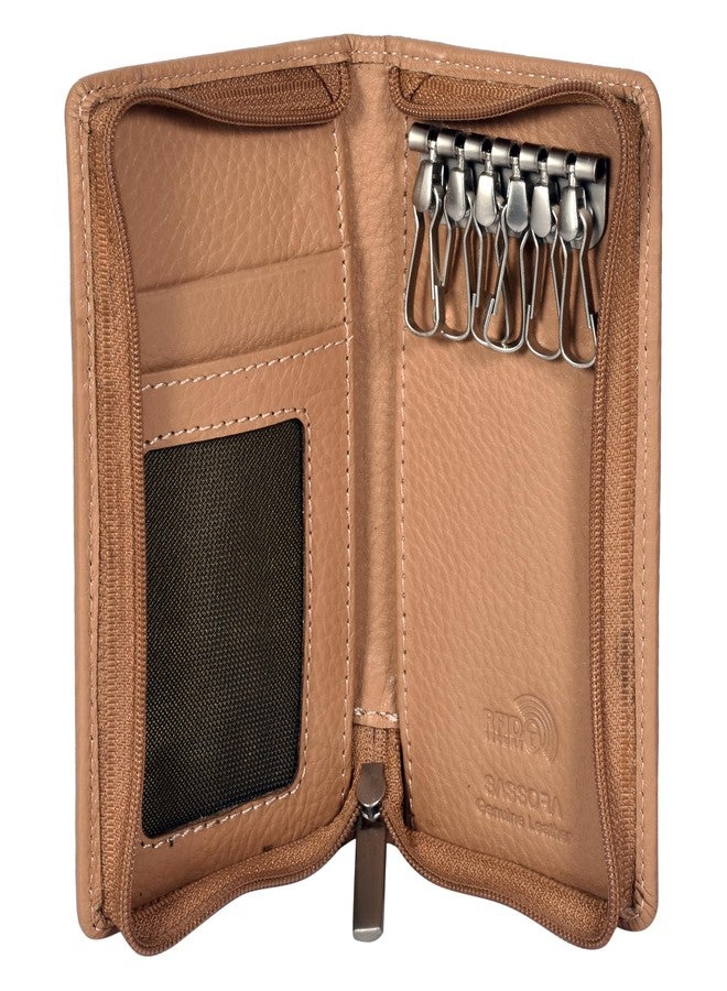 Sassora Premium Leather Zip Closure Unisex RFID Travel Key Case Pouch (Beige) - Image 2