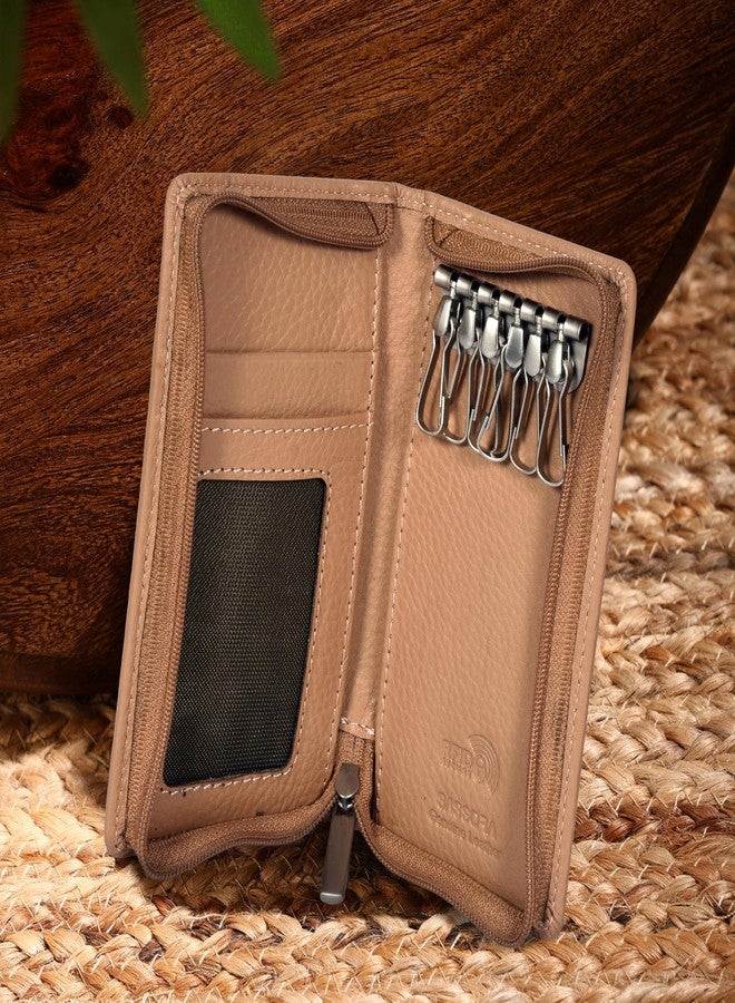 Sassora Premium Leather Zip Closure Unisex RFID Travel Key Case Pouch (Beige) - Image 4