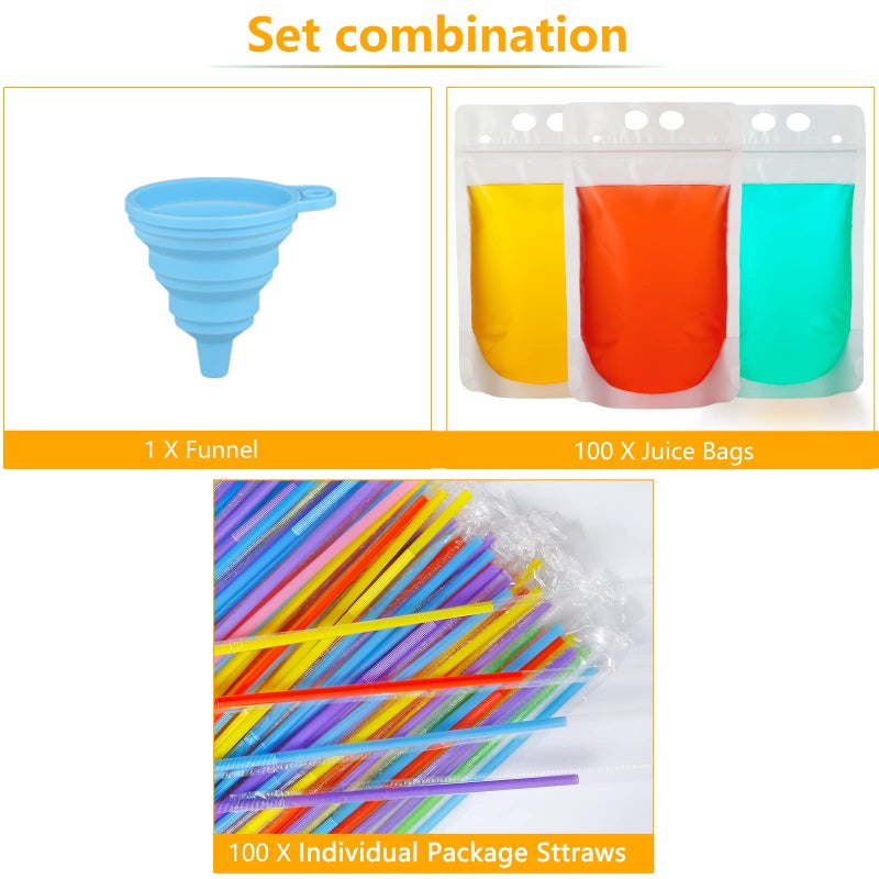 iziusy 100 Pcs Zipper Plastic Pouches Drink Bags Heavy Duty Hand-Held Translucent frosted Reclosable Stand-up Bag 2.4"" Bottom Gusset with 100pcs Straws & Funnel Included - Image 2
