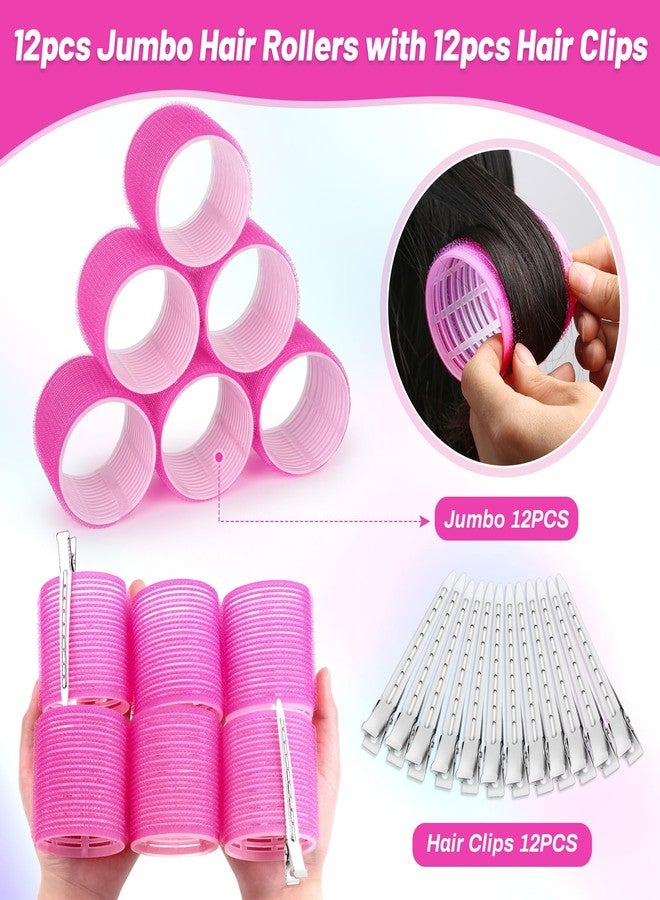 BLUSHIA Jumbo Hair Curlers Rollers, 24Pcs Hair Rollers Set with 12Pcs 60mm Jumbo Hair Curlers Self Grip Holding Rollers and 12Pcs Hair Clips for Long Medium Hair Bangs Volume (Rose Red) - Image 4
