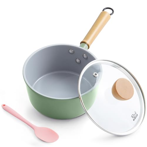 ROCKURWOK Ceramic Nonstick Sauce Pan with Lid 15 Qt Small Pots for Cooking Small Pot Wooden Handle for Cool Touch Non Toxic PfasFree Saucepan Universal BaseGas Electric Induction Green - Image 1