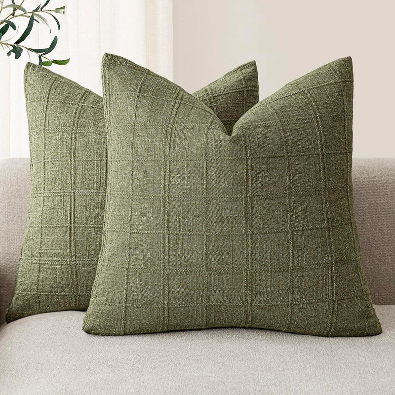 Foindtower Set of 2 Decorative Linen Check Throw Pillow Covers Neutral Farmhouse Vintage Cushion Covers Modern Boho Home Decor for Sofa Chair Couch Bedroom Living Room Outdoor,26×26 Inch,Sage Green - Image 1