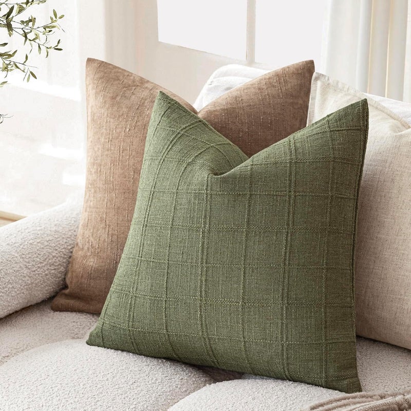 Foindtower Set of 2 Decorative Linen Check Throw Pillow Covers Neutral Farmhouse Vintage Cushion Covers Modern Boho Home Decor for Sofa Chair Couch Bedroom Living Room Outdoor,26×26 Inch,Sage Green - Image 5