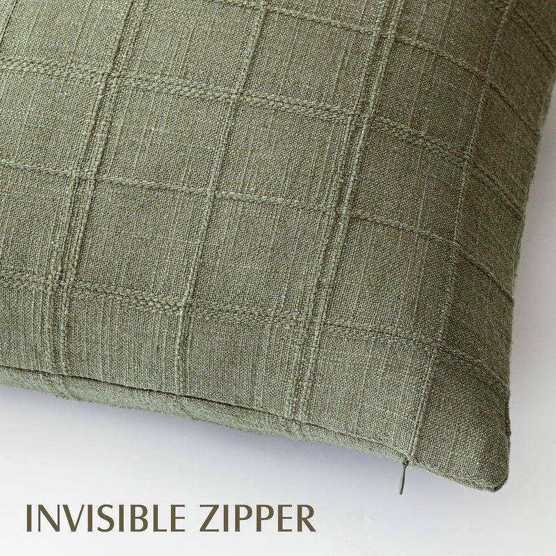 Foindtower Set of 2 Decorative Linen Check Throw Pillow Covers Neutral Farmhouse Vintage Cushion Covers Modern Boho Home Decor for Sofa Chair Couch Bedroom Living Room Outdoor,26×26 Inch,Sage Green - Image 3