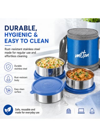 Insulated Stainless Steel Lunch Box 1140ml with 3 Containers Leak Proof Tiffin and Carry Bag for School Office Picnic Blue - view 2