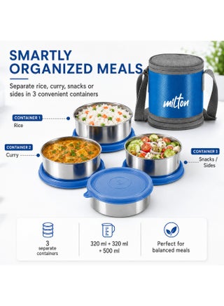 Insulated Stainless Steel Lunch Box 1140ml with 3 Containers Leak Proof Tiffin and Carry Bag for School Office Picnic Blue - view 3