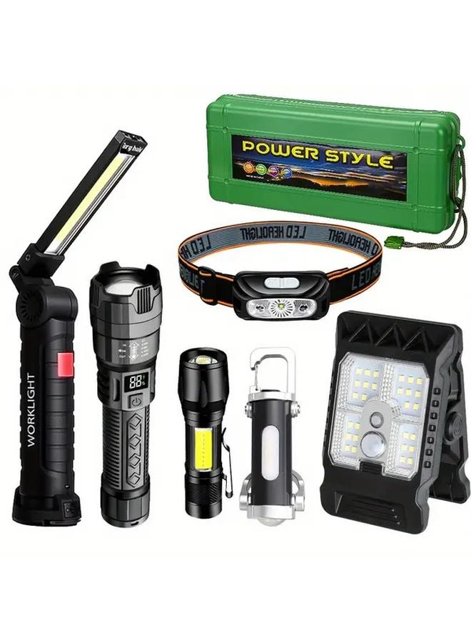 1 Set 6 Items USB Rechargeable LED Headlamp Flashlight Multiple Modes Outdoor Emergency Camping Fishing - Image 1