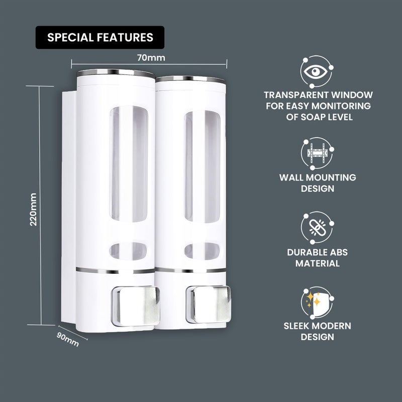 HS WORLD OF HORECA ESSENTIALS HS Sleek Modern Double Soap Dispenser - 400ml Each Capacity, Durable ABS Material, Quick & Easy Refills, Hassle-Free 2ml Dispensing, Ideal for Office Use - Image 2