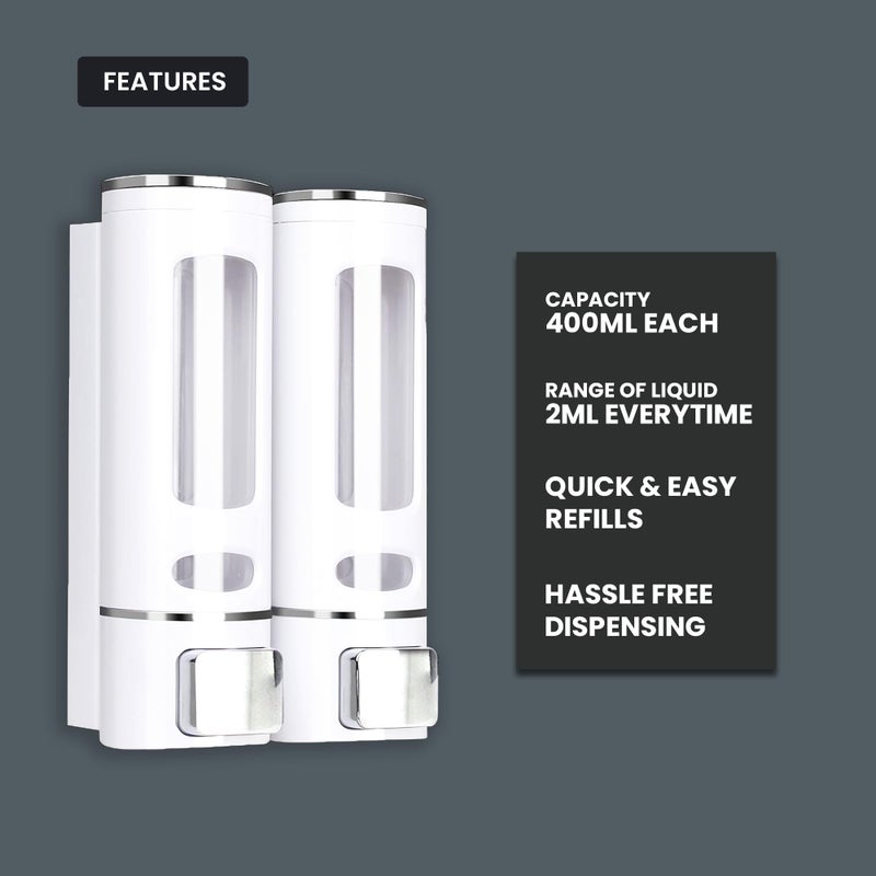 HS WORLD OF HORECA ESSENTIALS HS Sleek Modern Double Soap Dispenser - 400ml Each Capacity, Durable ABS Material, Quick & Easy Refills, Hassle-Free 2ml Dispensing, Ideal for Office Use - Image 3