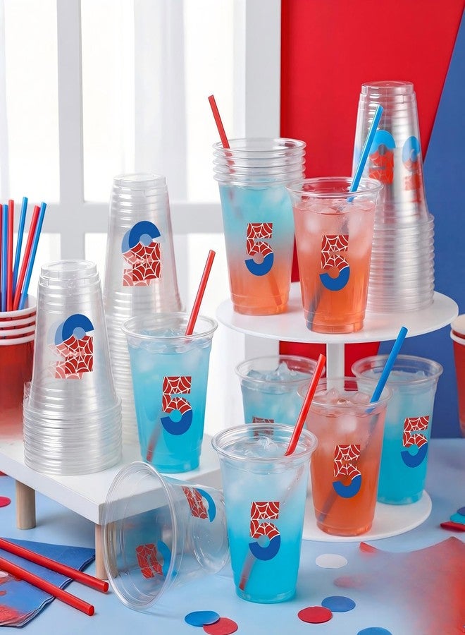 Uiifan 50 Pcs Spider 5th Birthday Party Supplies 12 oz Spider Disposable Plastic Cups Hero Birthday Party Favors Fifth 5 Years Anniversary Decoration for Hot Cold Drinking Juice Ice Friends - Image 2