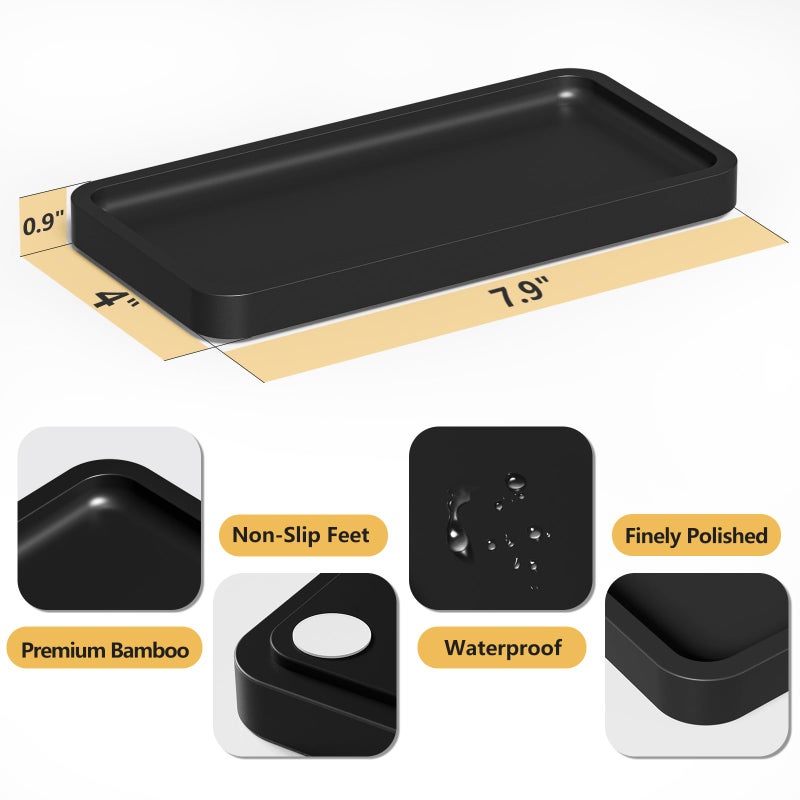 Weenson Small Bathroom Vanity Tray for Countertop Makeup Perfume Jewelry Decor Candle Keys, Small Black Kitchen Tray for Soap Dispenser Spice Bamboo Toilet Tray 7.9" L x 4" W x 0.79" H - Image 5