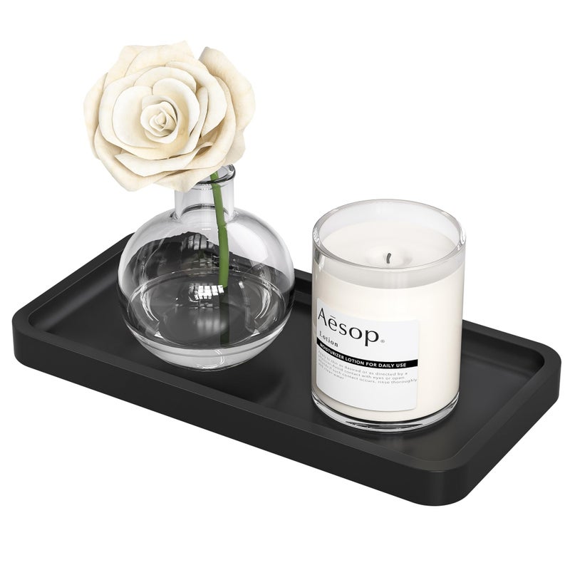 Weenson Small Bathroom Vanity Tray for Countertop Makeup Perfume Jewelry Decor Candle Keys, Small Black Kitchen Tray for Soap Dispenser Spice Bamboo Toilet Tray 7.9" L x 4" W x 0.79" H - Image 1