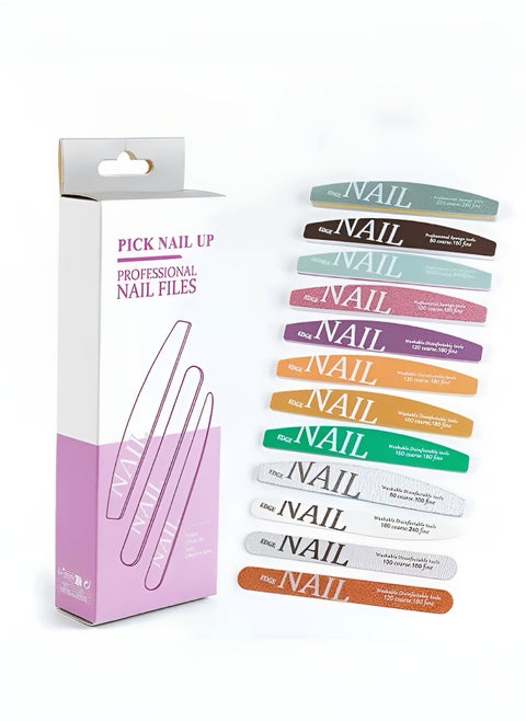 12-Piece Professional Nail File Set – Washable & Durable, Multi-Grit Buffer for Shaping & Polishing