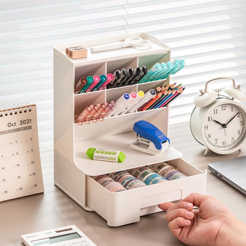 Mosquick Desk Organiser Stationary Organizers With Drawers,Versatile Pen Holder,Pen Stand,Desk Organiser,Office Table Accessories Pen Stand For Study Table Home,Office,School-1 Pc White - Plastic - Image 1