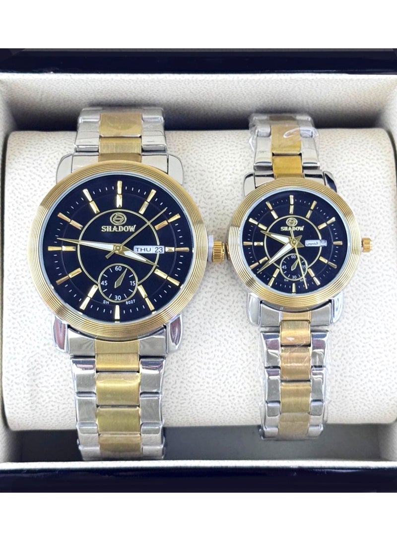 شادو طقم ساعات زوجية شادو فاخرة - وظيفة اليوم والتاريخ (عربي / إنجليزي) - تصميم متعدد الموانئ - Image 1
